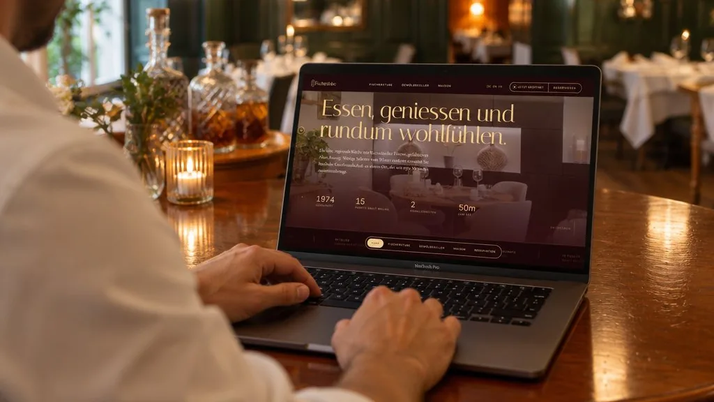 Ein Mann tippt in einem Restaurant auf einem Rechner, darauf eine Website.